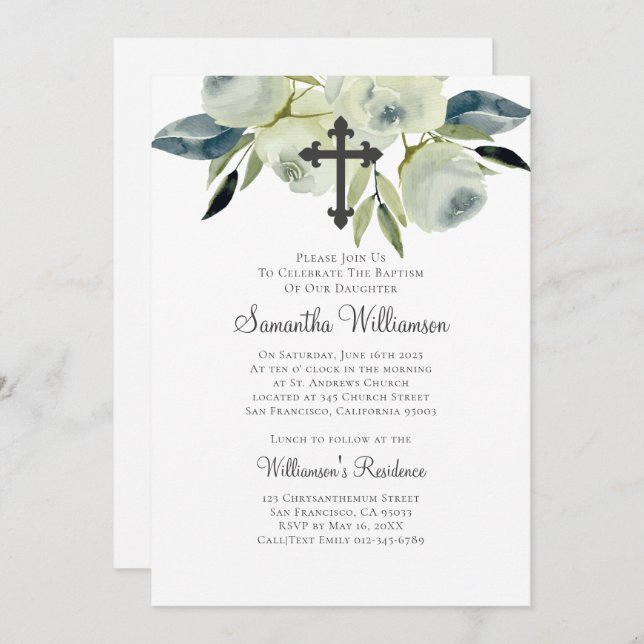 Watercolor Floral Baptismal Invitation (Front/Back)