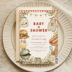 Watercolor Floral Barbecue Baby Q Shower Invitation
