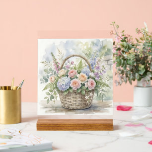 Watercolor Floral Basket with Roses and Hydrangeas Acrylic Sign