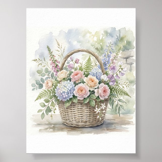 Watercolor Floral Basket with Roses and Hydrangeas Poster (Front)