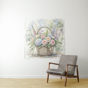 Watercolor Floral Basket with Roses and Hydrangeas Tapestry