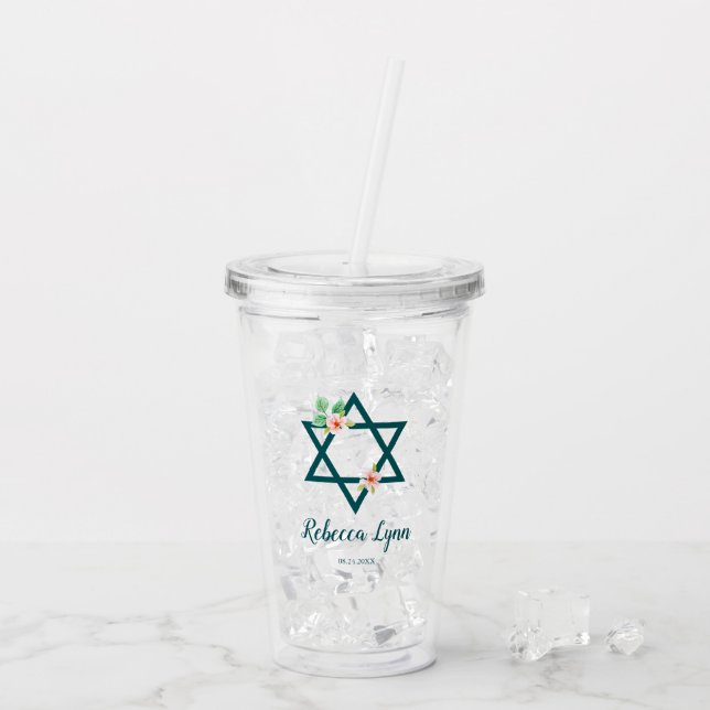 Watercolor Floral Beach Bat Mitzvah Acrylic Tumbler (Back Ice)