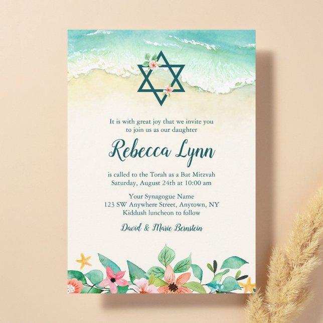 Watercolor Floral Beach Bat Mitzvah Invitation (Creator Uploaded)
