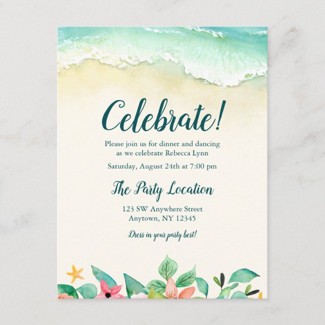 Watercolor Floral Beach Bat Mitzvah Reception Enclosure Card (Front)
