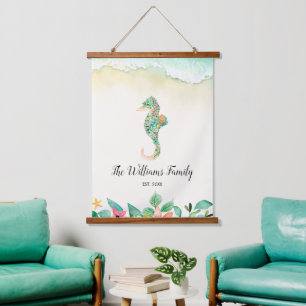 Watercolor Floral Beach Seahorse Personalized Hanging Tapestry