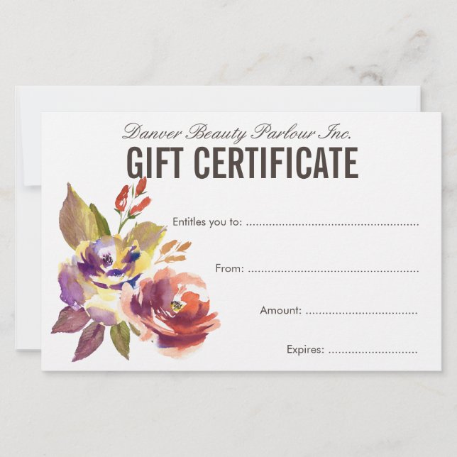 Watercolor Floral Beauty Salon Gift Certificate (Front)