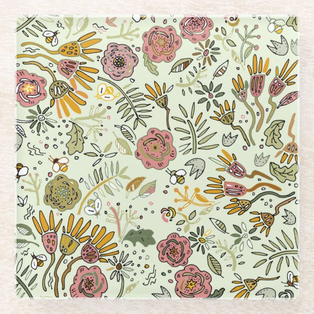 Watercolor Floral Bee Flowers Elegant Modern Glass Coaster (Front)
