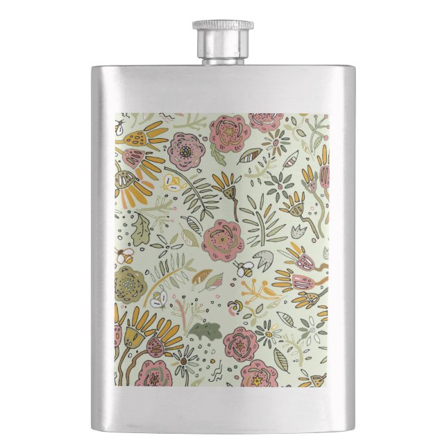 Watercolor Floral Bee Flowers Elegant Modern Hip Flask (Front)
