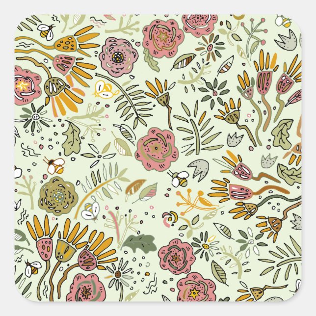 Watercolor Floral Bee Flowers Elegant Modern Square Sticker (Front)