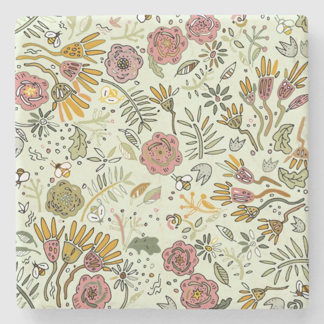 Watercolor Floral Bee Flowers Elegant Modern Stone Coaster (Front)