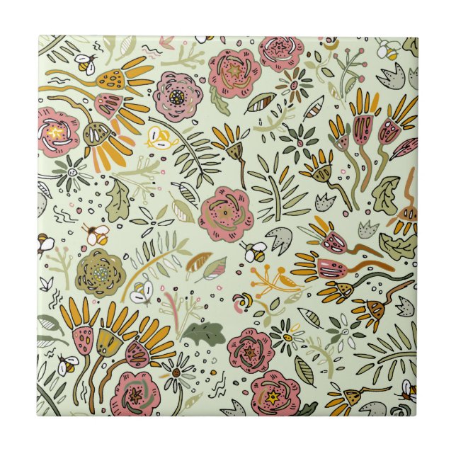 Watercolor Floral Bee Flowers Elegant Modern Tile (Front)