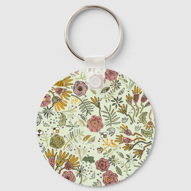 watercolor floral bee pattern flower design key ring (Front)