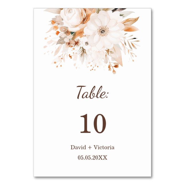 Watercolor floral beige and gold  table number (Front)