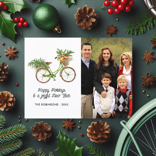 Watercolor Floral Bicycle Christmas Family Photo Holiday Postcard