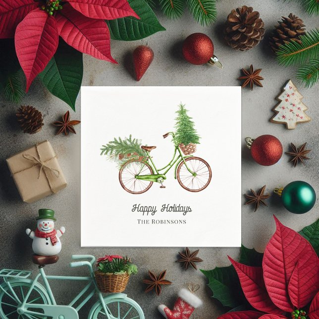 Watercolor Floral Bicycle Christmas Party Napkin (Watercolor Floral Bicycle Christmas Party Napkins)