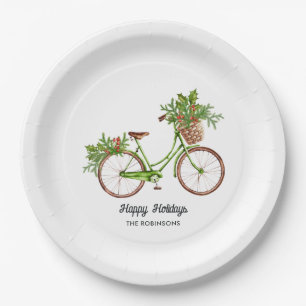 Watercolor Floral Bicycle Christmas Party Paper Plate