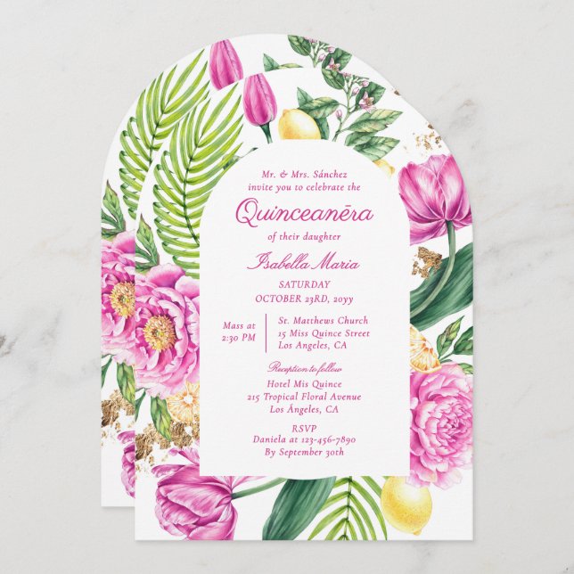 Watercolor Floral Bilingual Spanish Quinceañera Invitation (Front/Back)