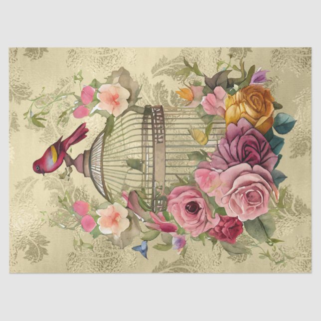 Watercolor Floral Bird Cage Gold Decoupage  Tissue Paper (Front)
