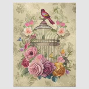 Watercolor Floral Bird Cage Gold Decoupage Tissue Paper