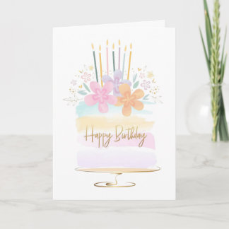 Watercolor Floral Birthday Cake Greeting Card