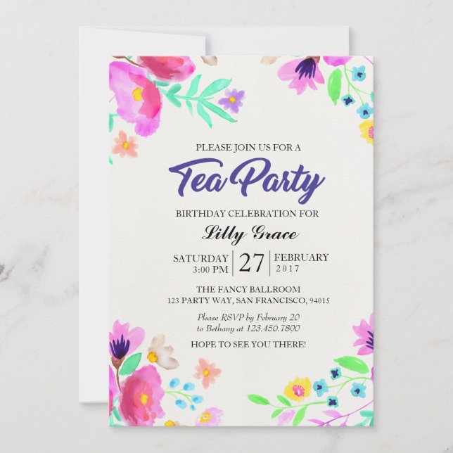 Watercolor Floral Birthday Tea Party invitation (Front)