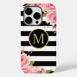Watercolor Floral Black and White Stripes Monogram Case-Mate iPhone 14 Pro Case