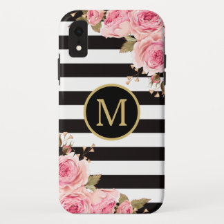 Watercolor Floral Black and White Stripes Monogram Case-Mate iPhone Case
