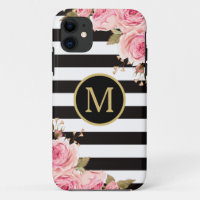 Watercolor Floral Black and White Stripes Monogram