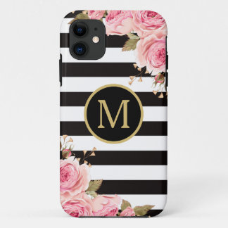Watercolor Floral Black and White Stripes Monogram Case-Mate iPhone Case