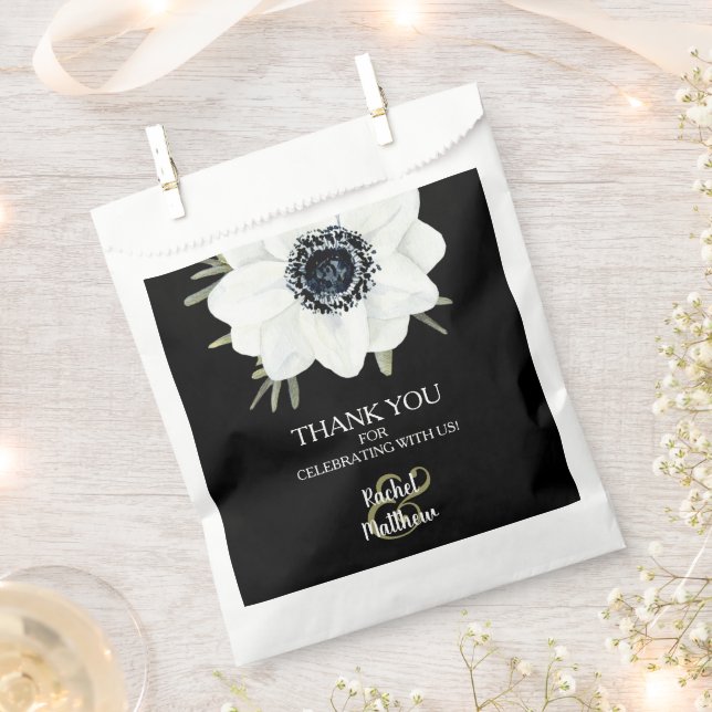 Watercolor Floral Black and White Wedding Favour Bags (Clipped)