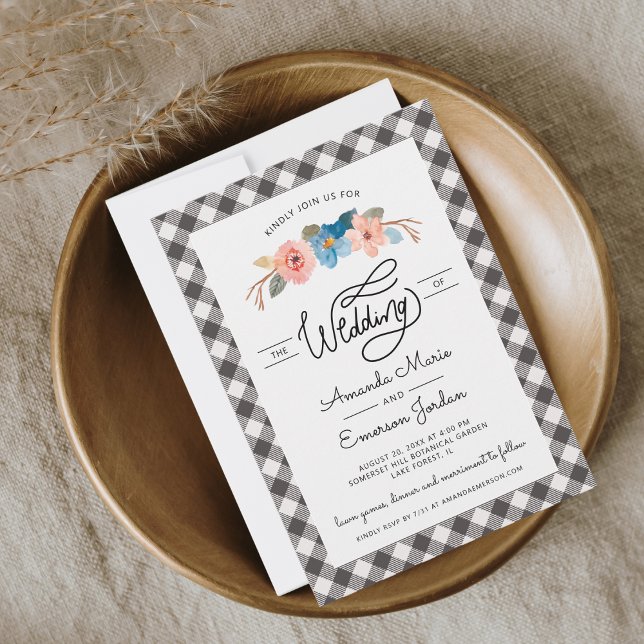 Watercolor Floral Black Check Casual Wedding Invitation (Creator Uploaded)