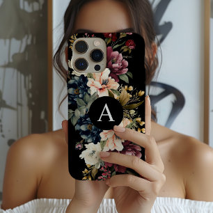 Watercolor Floral Black Monogram Personalised iPhone 15 Pro Case