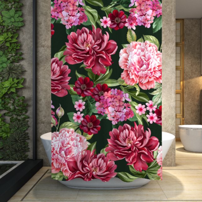 Watercolor floral black red flowers shower curtain (Creator Uploaded)