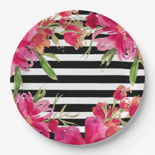 Watercolor Floral Black Stripes Paper Plate