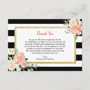 Watercolor Floral Black Stripes Wedding Thank You