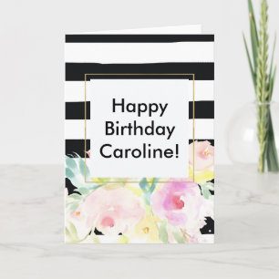 Watercolor Floral Black White Stripes Card