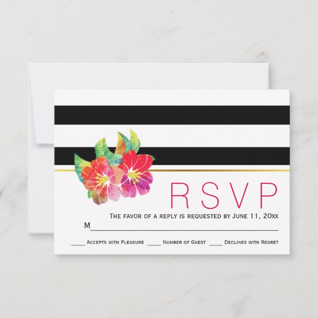Watercolor floral black white stripes wedding RSVP Card (Front)