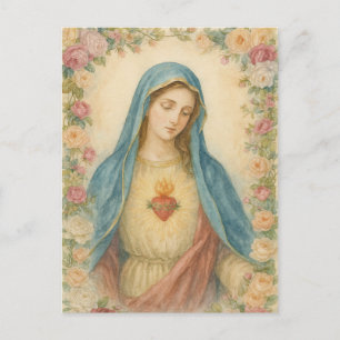 Watercolor Floral Blessed Mother Mary Catholic Postcard