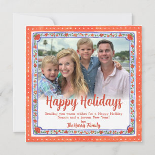 Watercolor Floral Block Print Photo Christmas Card