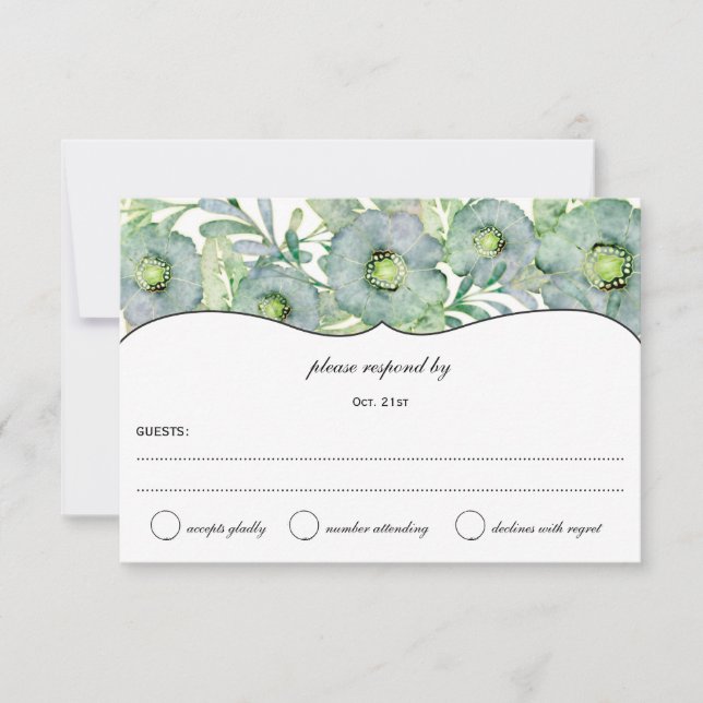 Watercolor Floral Blue and Green Wedding RSVP Card (Front)