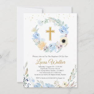Watercolor Floral Blue Baptism Invitation
