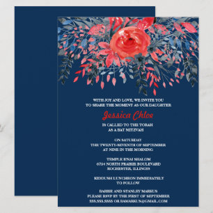 Watercolor Floral Blue Denim Red Rose Bar Mitzvah Invitation