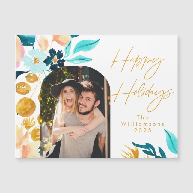 Watercolor Floral Blue Gold 1 Photo Holiday Card (Front)