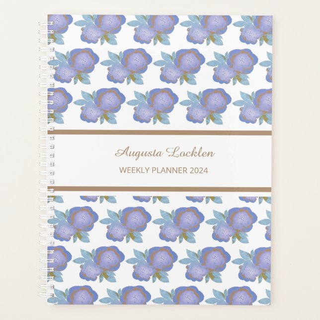 Watercolor Floral Blue Gold Pattern Weekly Planner (Front)