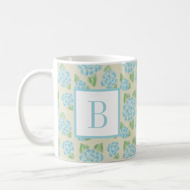 Watercolor Floral Blue Hydrangea Initial Monogram Coffee Mug (Left)