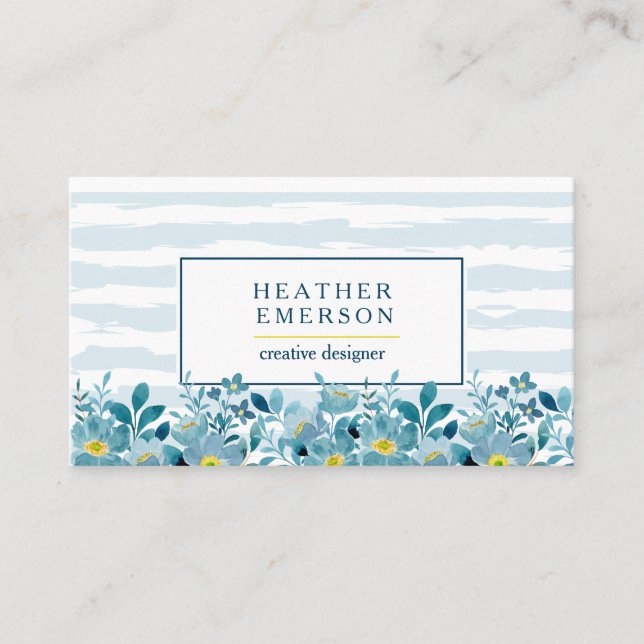 Watercolor Floral | Blue Hydrangeas & Yellow Business Card (Front)