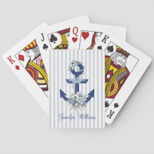 watercolor floral blue nautical stripes modern playing cards