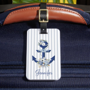 watercolor floral blue nautical stripes name cute luggage tag