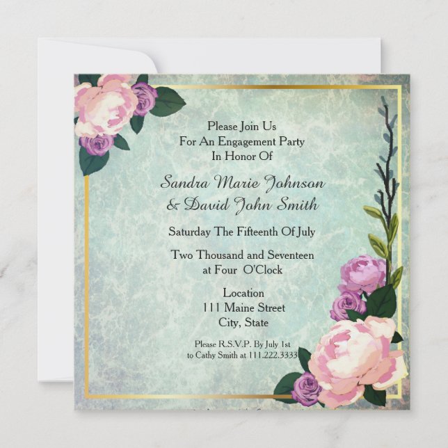 Watercolor Floral Blue & Pink Engagement Party Invitation (Front)