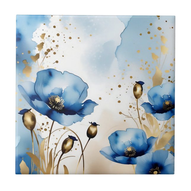 Watercolor Floral Blue Poppies Tile (Front)
